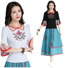 Women's Chinese Floral Half-sleeve Shirt Chiffon A-Line Skirt 2Pcs Suits L-5XL L