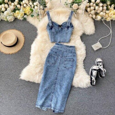 2023 New Women Jeans Vest+Skirts Sets Straps Tops Buttons Denim Skirt Suits