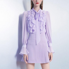 Women Purple Chiffon 2Pcs Sets Long Sleeve Shirts+Skirt Suits Formal Dress Suits